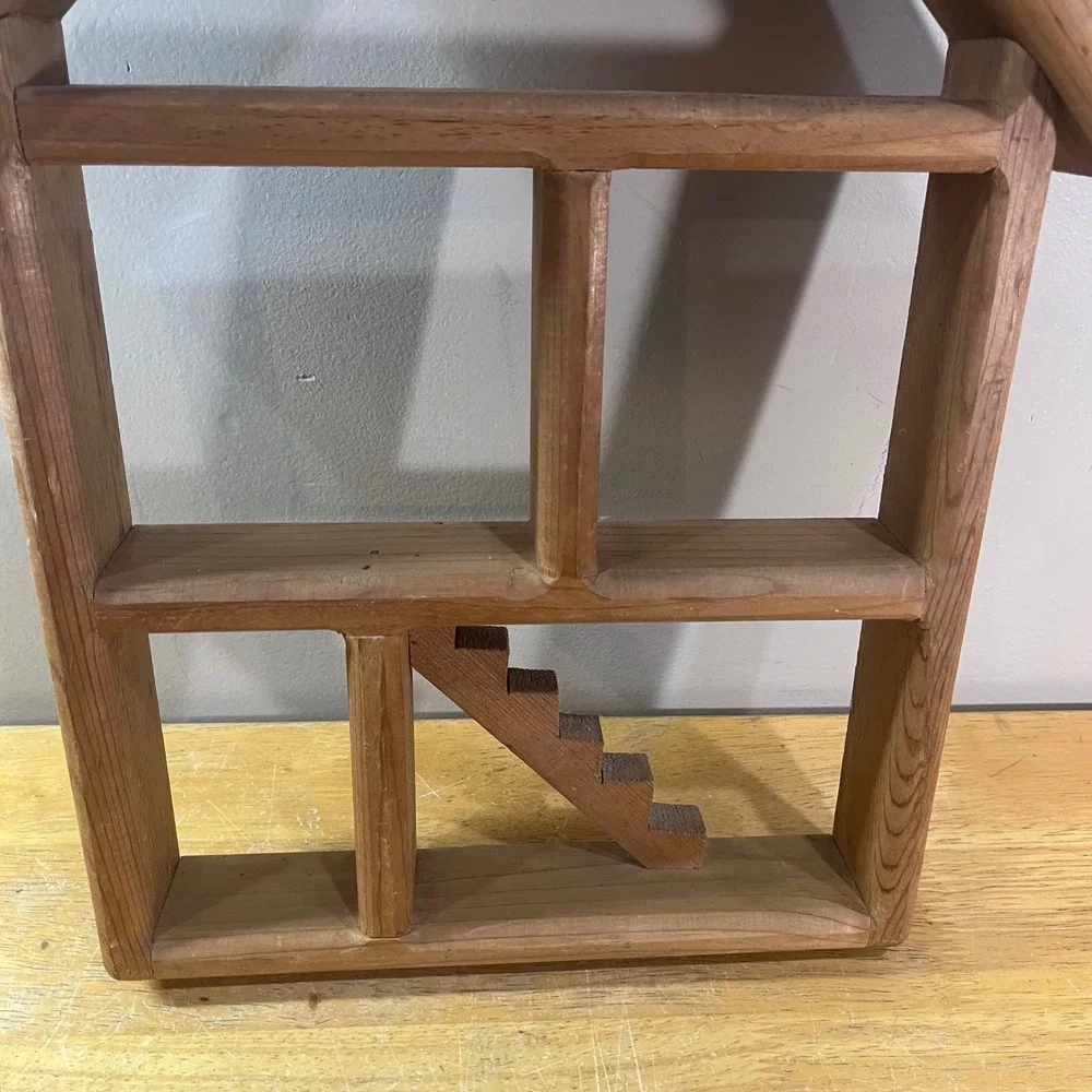 Unbranded Vtg Wood House Shadow Box Shelf Brown Rustic Wall Display Trinket Case